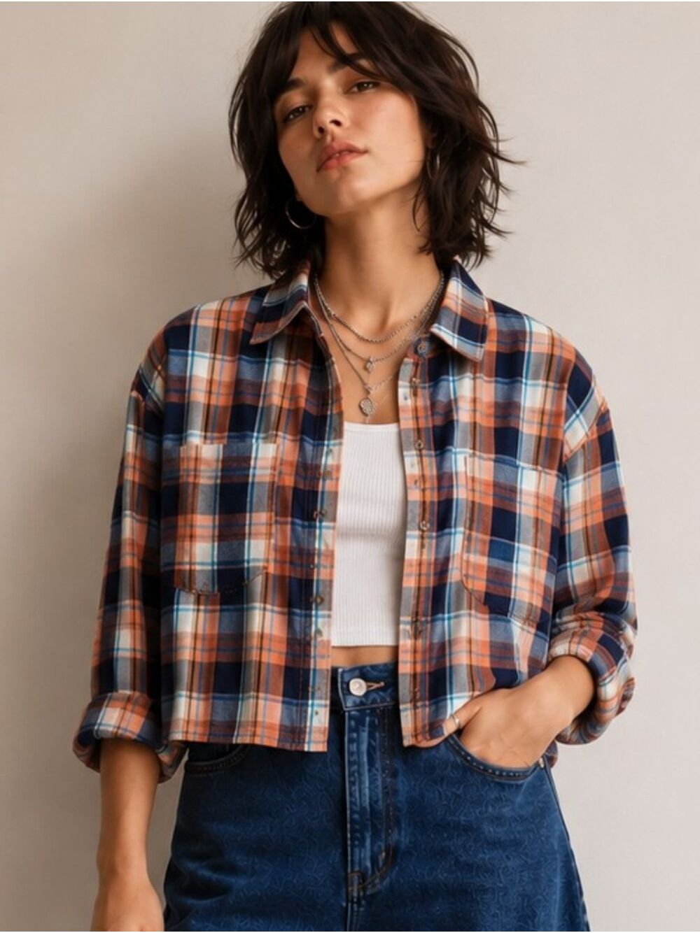 Easel Long Sleeve Cotton Orange Blue Plaid Crop Button Down Shirt Size Small
